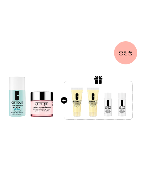 Moisture Calming Care Set, 안티-블레미쉬 솔루션 크리니컬 클리어링 젤 30ml<br>모이스춰 써지 인텐스 72시간 리피드-리플레니싱 하이드레이터 75ml<br>드라마티컬리 디퍼런트 모이스춰라이징 젤 15ml<br>이븐 베터 브라이트닝 에센스 로션 7ml